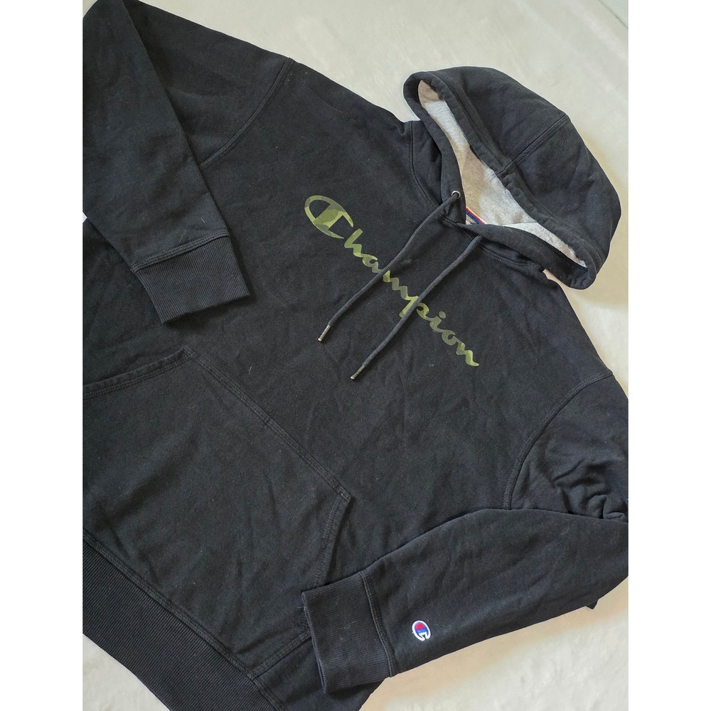Champion Mens Black Hoodie Camo Script Logo Pullover Sweatshirt Large